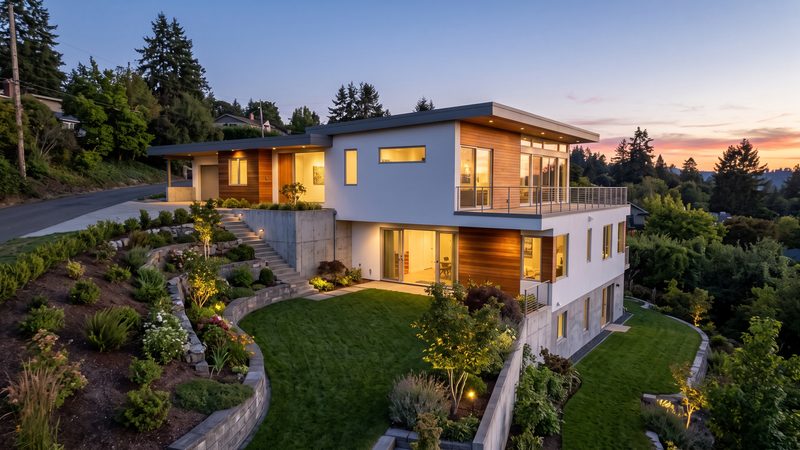 Rumah split level modern di lahan miring dengan bagian belakang dua lantai