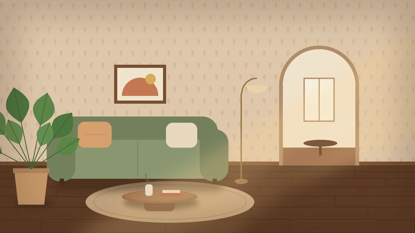 Ruang keluarga hangat dengan sofa kain, lantai kayu gelap, wallpaper bermotif, dan pintu lengkung