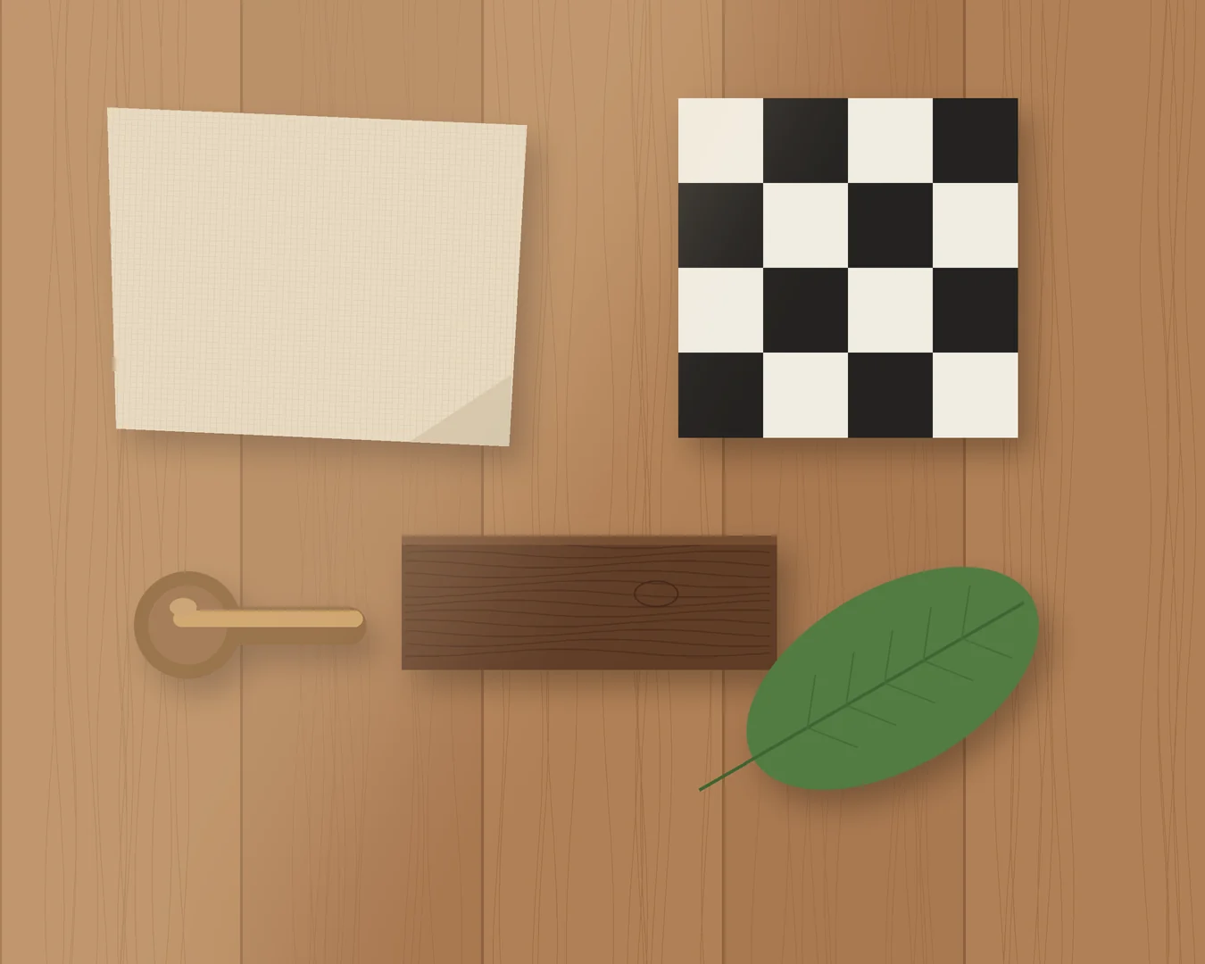 Flat-lay material tren 2026: kayu solid, kain linen, ubin papan catur, gagang pintu perunggu, dan daun